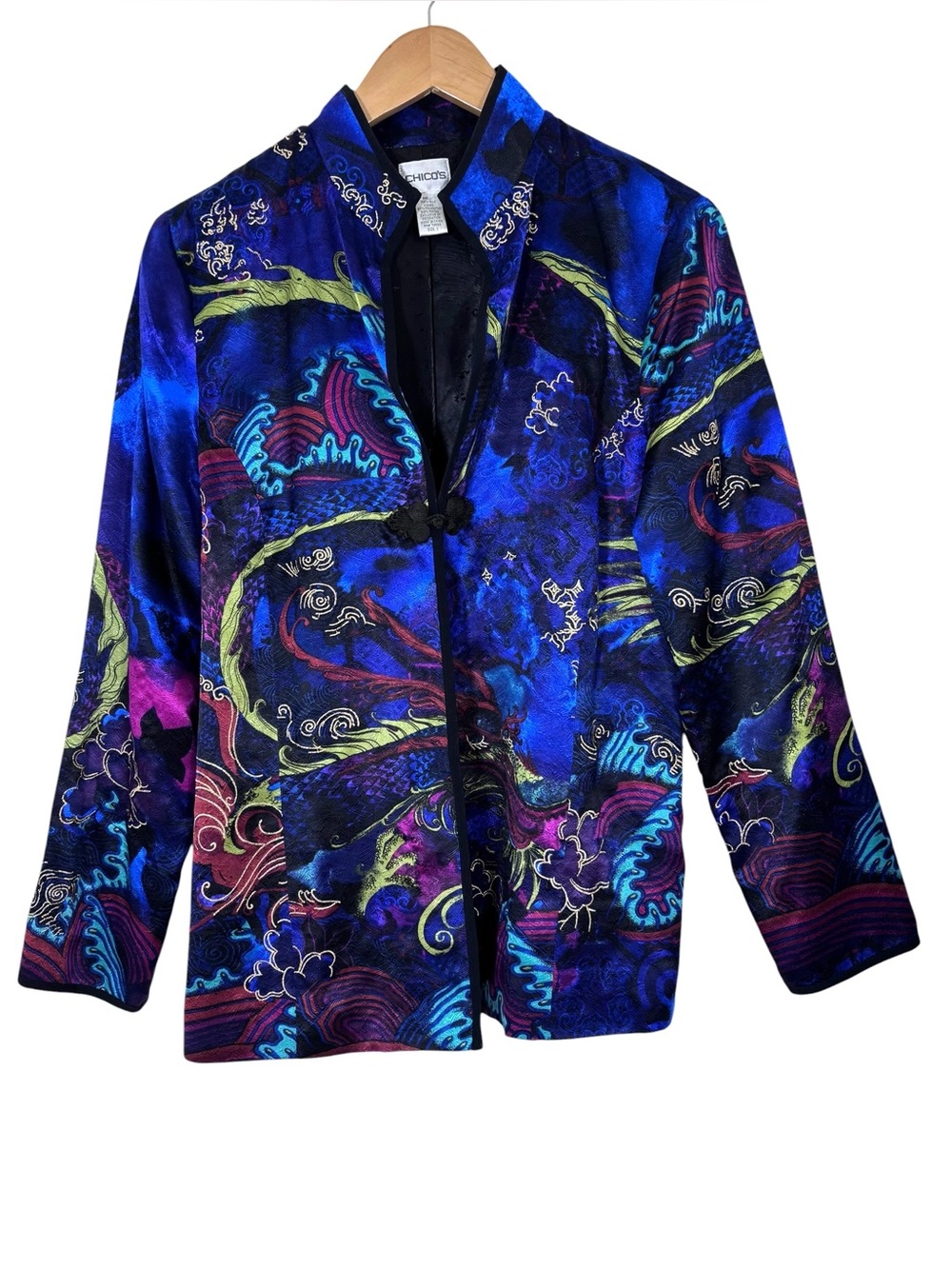 Vintage Chico’s 100% Silk Asian Print Frog Closure Jacket Size 1 (M)